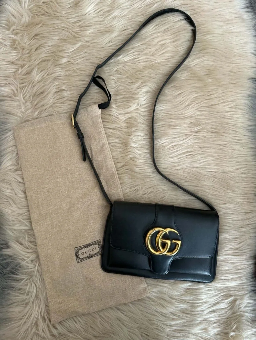 Gucci Double G Arli Flap Crossbody Bag Black Leather Authentic